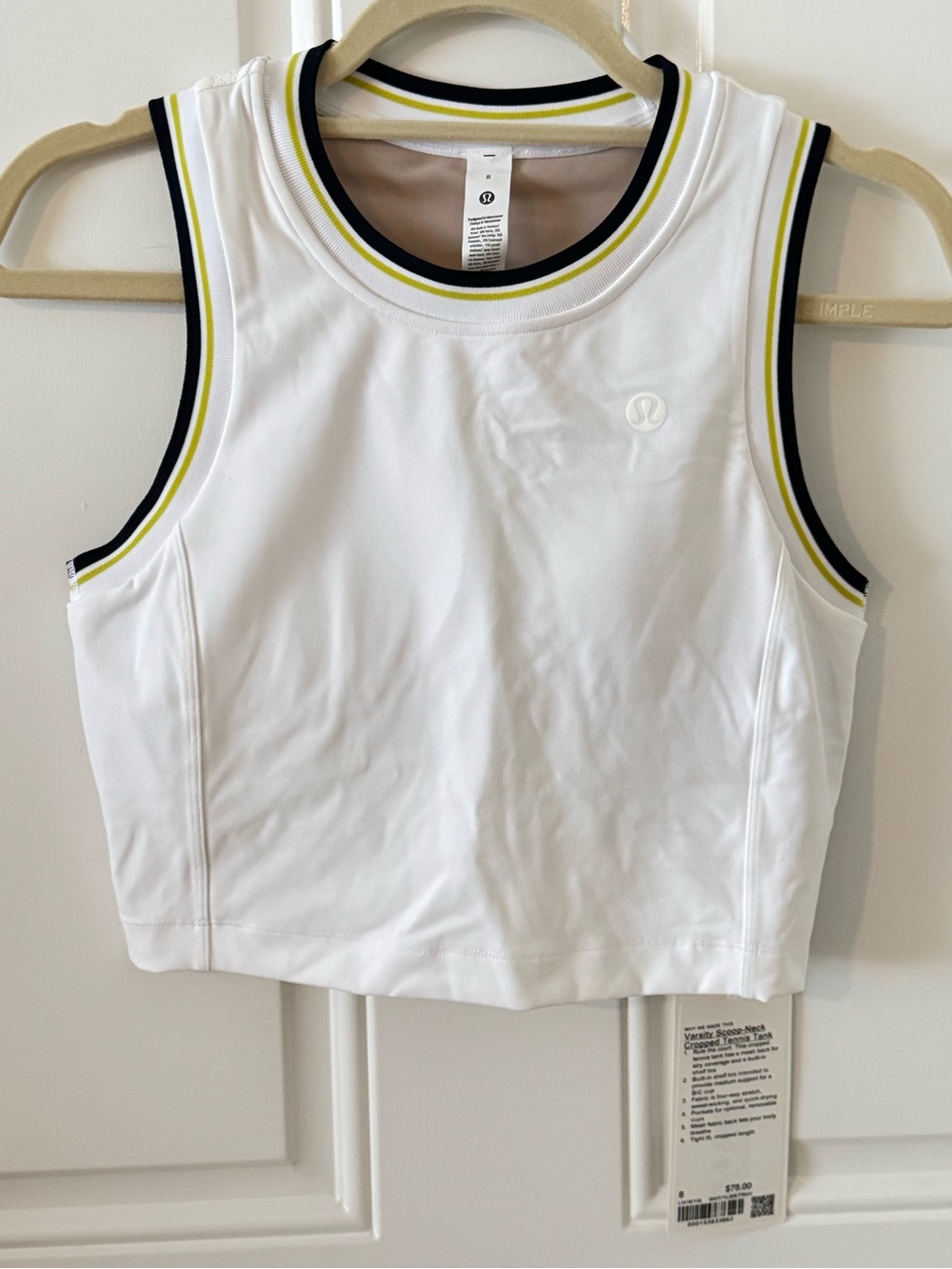 lululemon athletica NWT White Athletic Crop Tank with Black & Yellow Trim Size 8